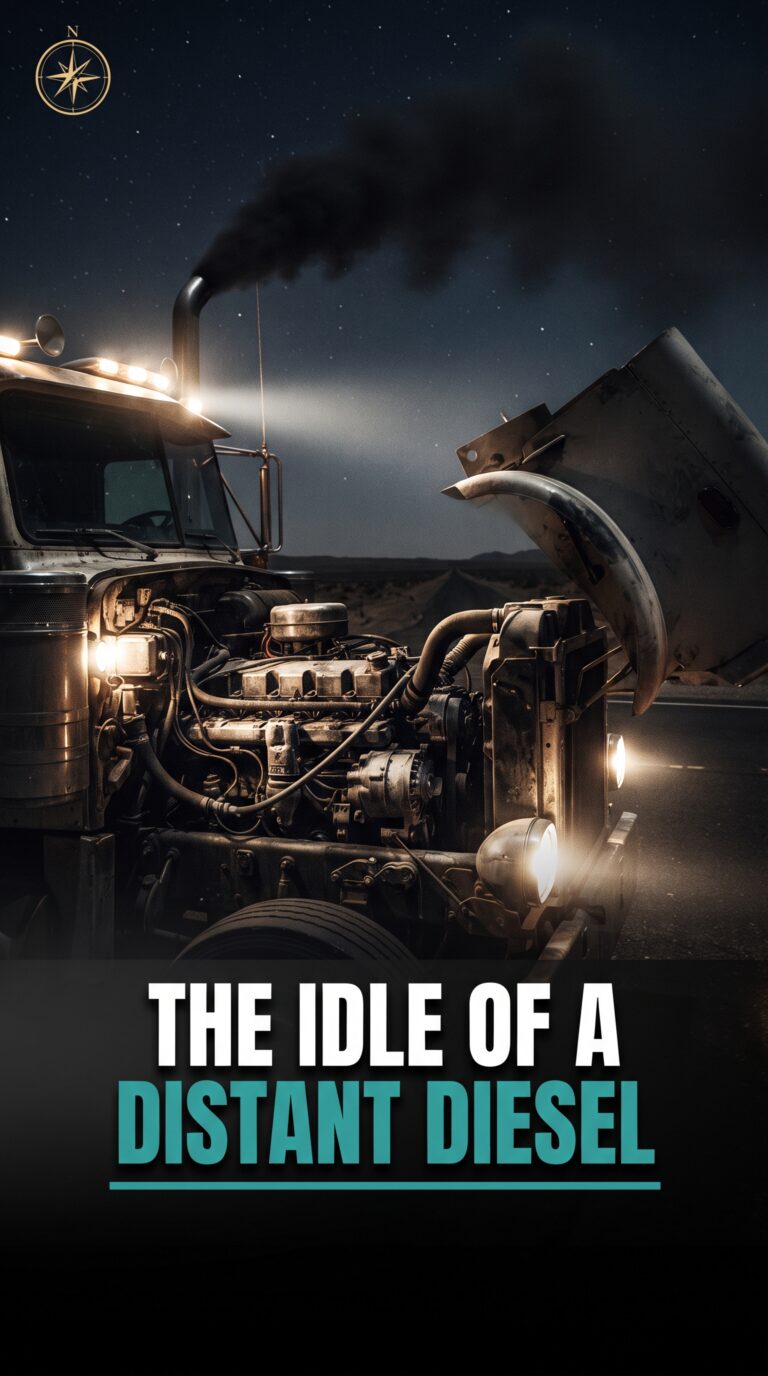A vintage diesel semi truck engine idling on a desolate desert road at night