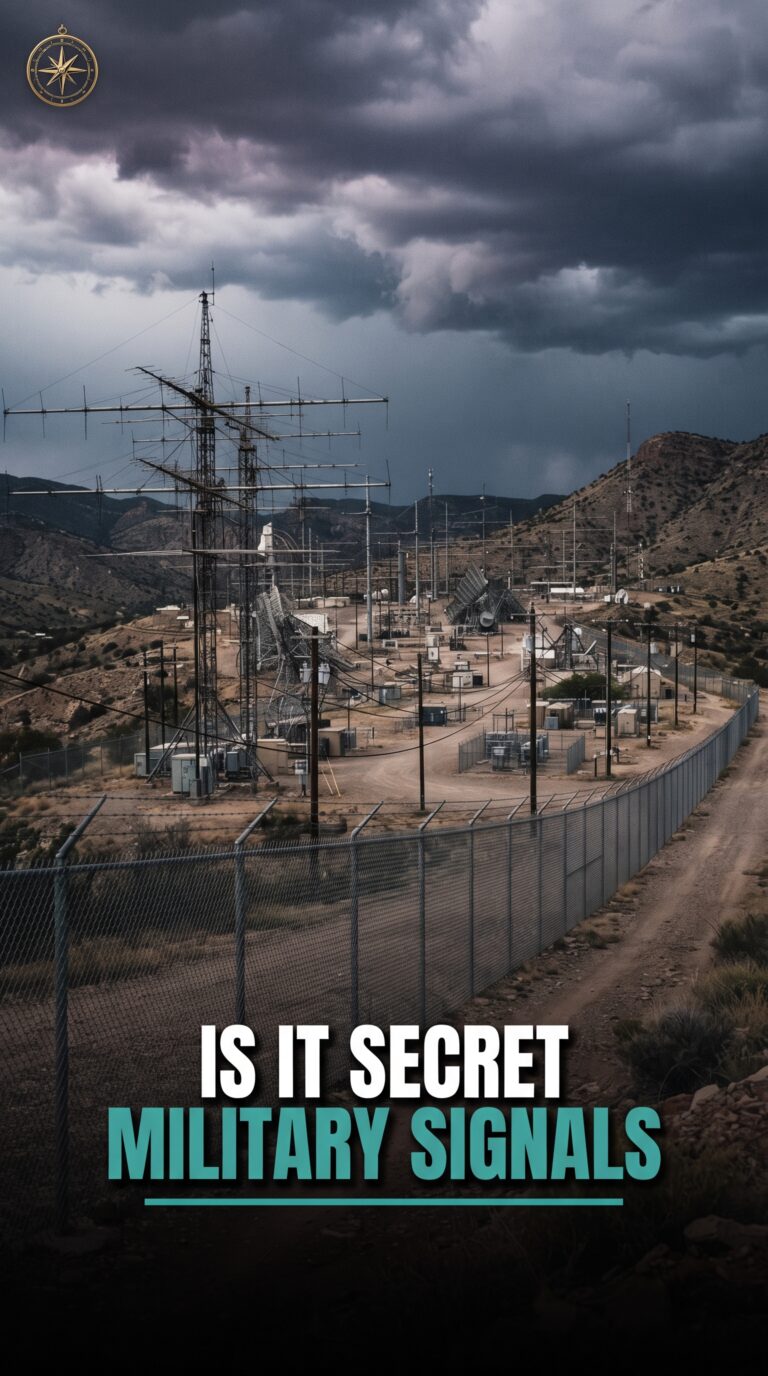 A heavily fenced military radio antenna array deep in the New Mexico desert hills
