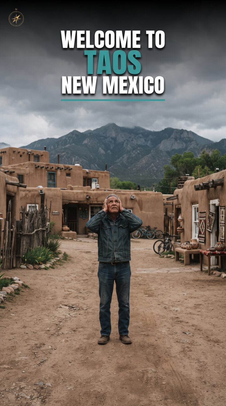 A quiet southwestern adobe plaza in Taos New Mexico under an overcast sky