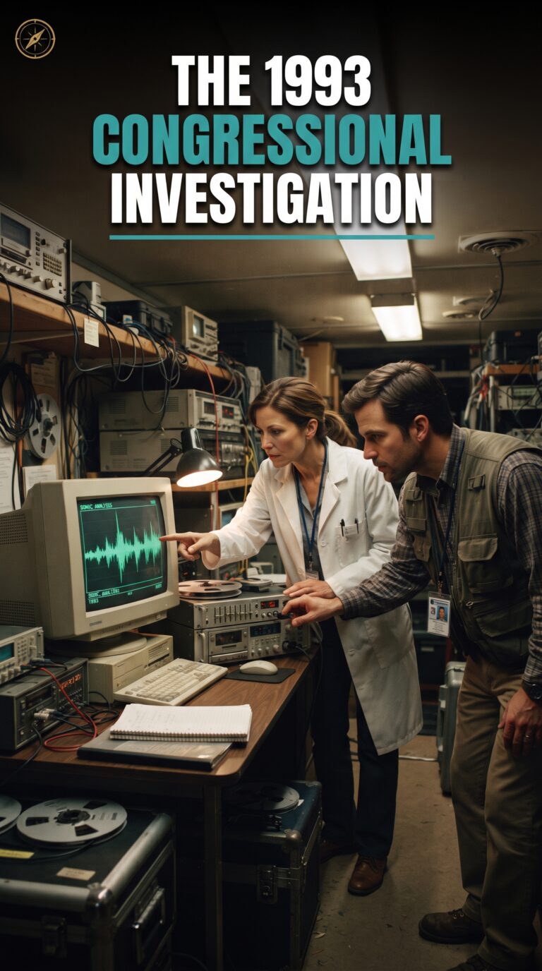 1990s government scientists examining audio waveforms on a bulky CRT monitor