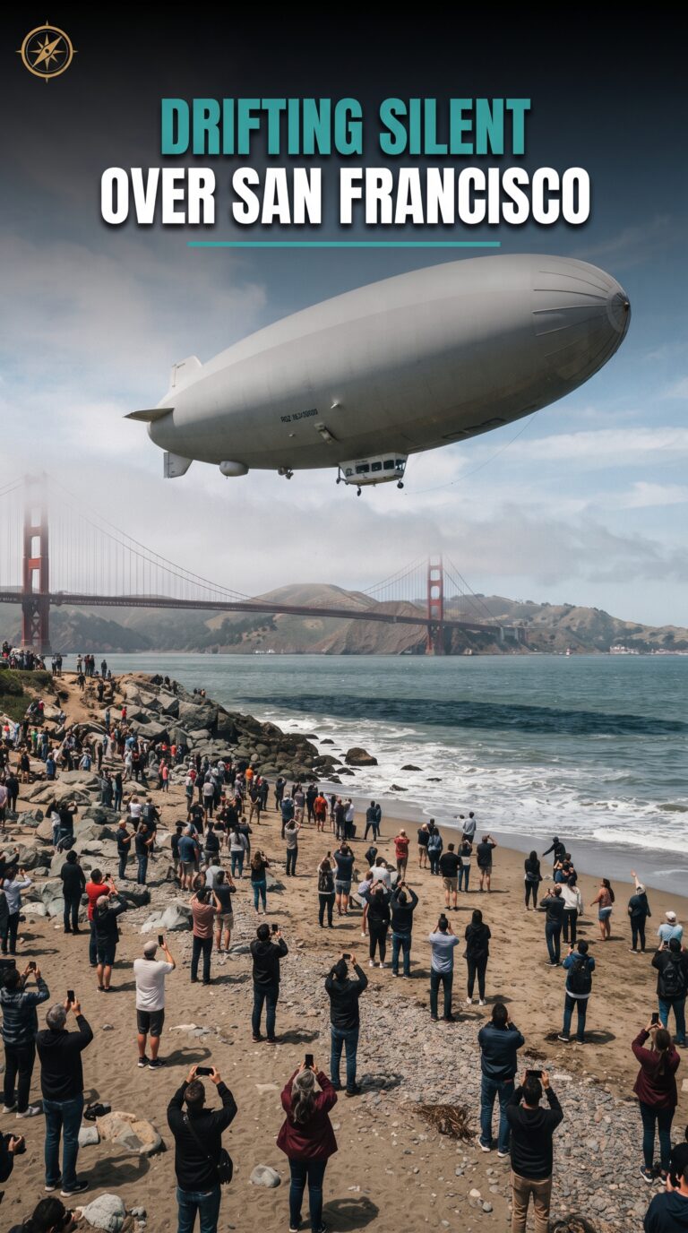 Onlookers watch the shadow of an enormous blimp cast across a crowded beach
