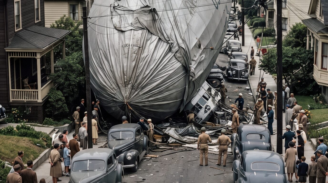 A deflated military airship crashed on a 1940s suburban residential street