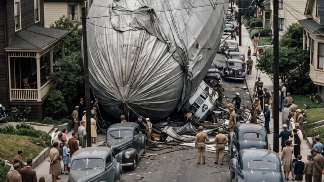 A deflated military airship crashed on a 1940s suburban residential street