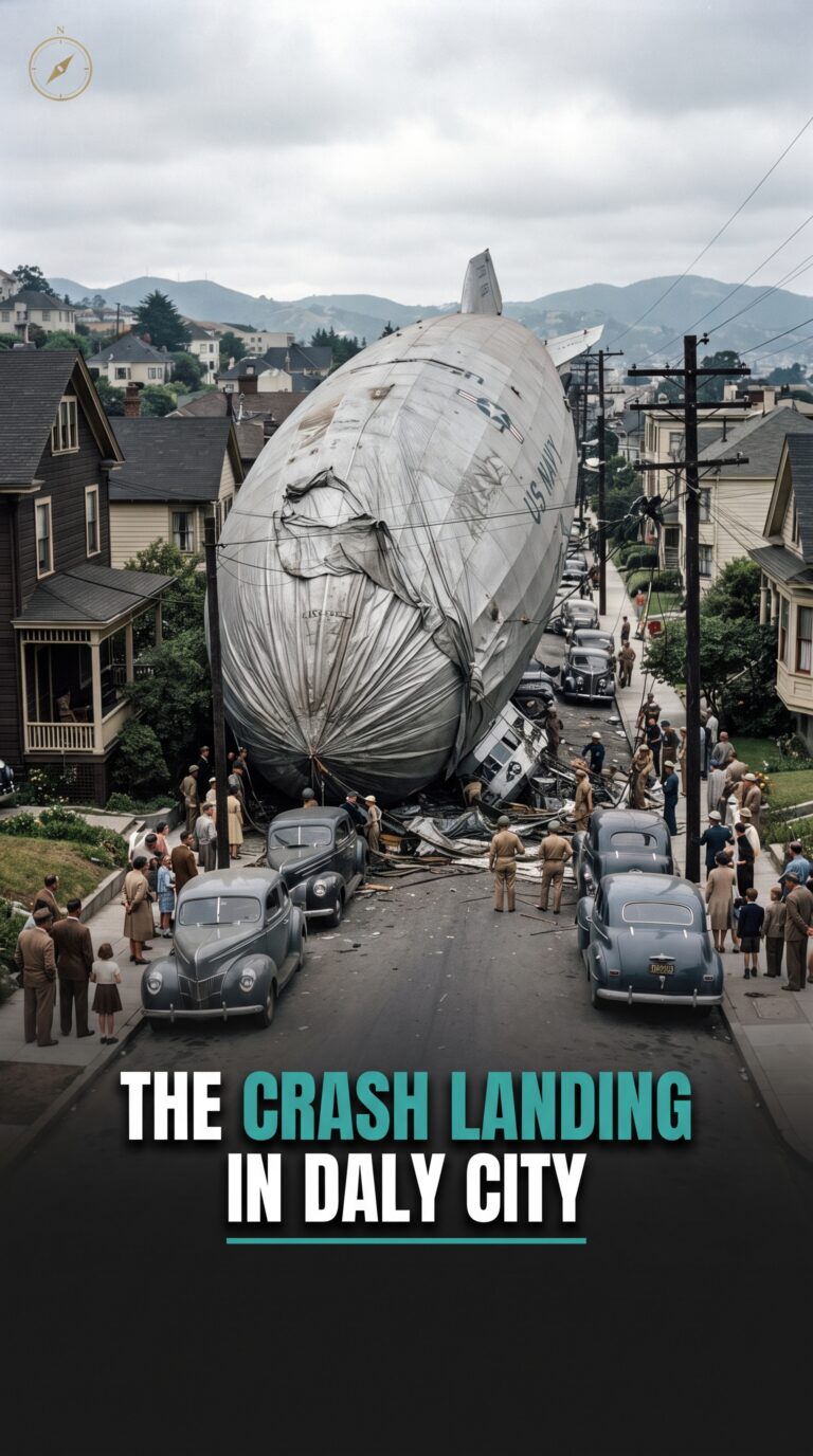 A deflated military airship crashed on a 1940s suburban residential street