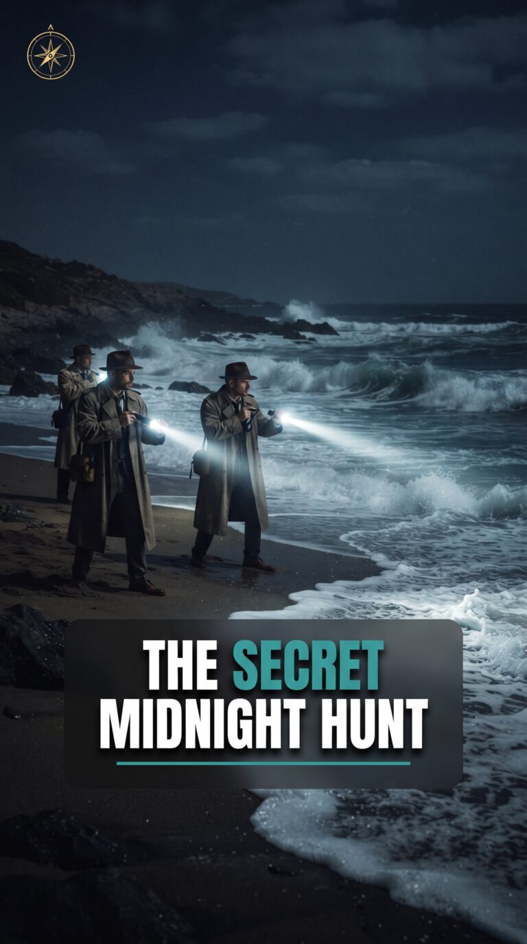 Investigators in trench coats scouring a dark beach at night with flashlights