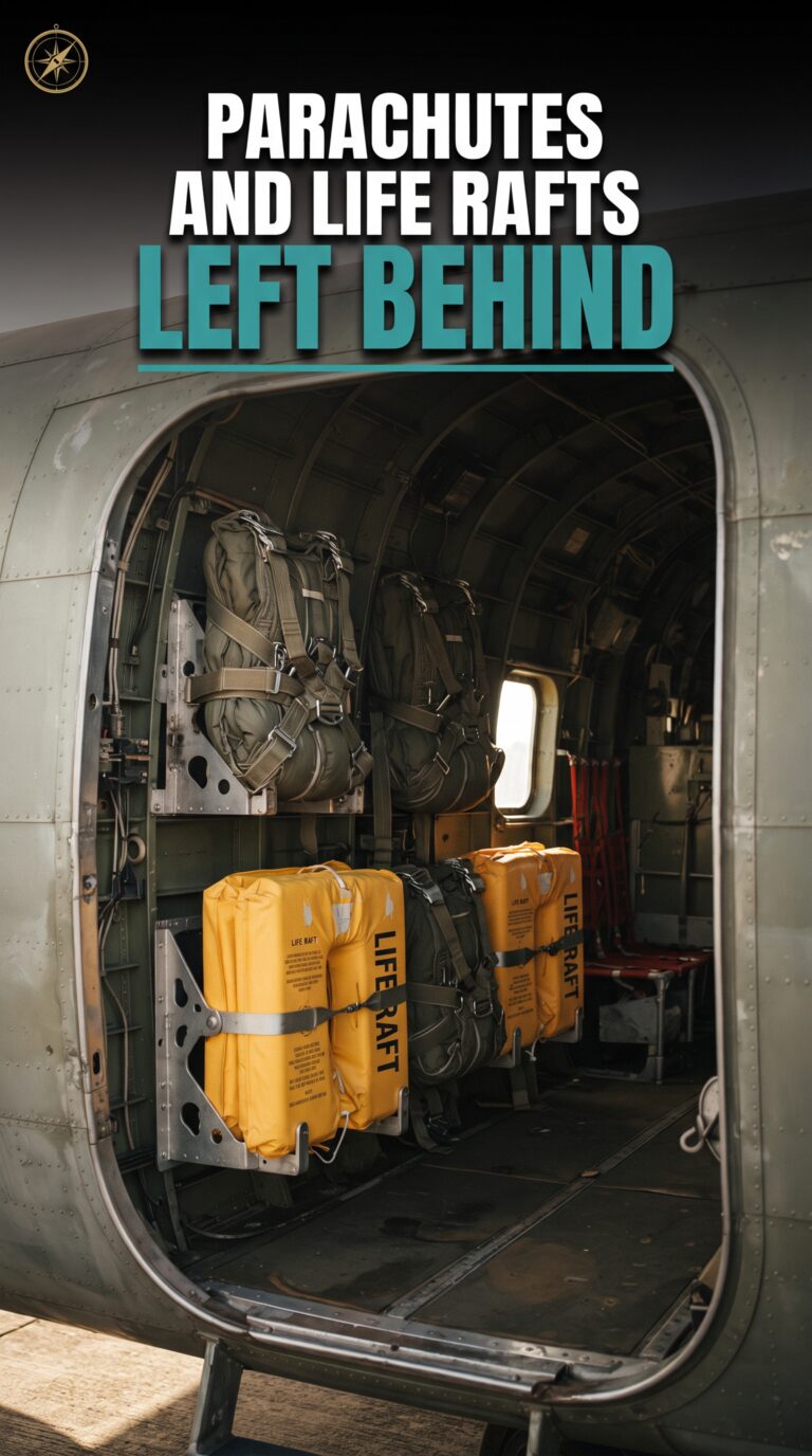 Untouched yellow life rafts and parachutes inside a vintage airship cabin