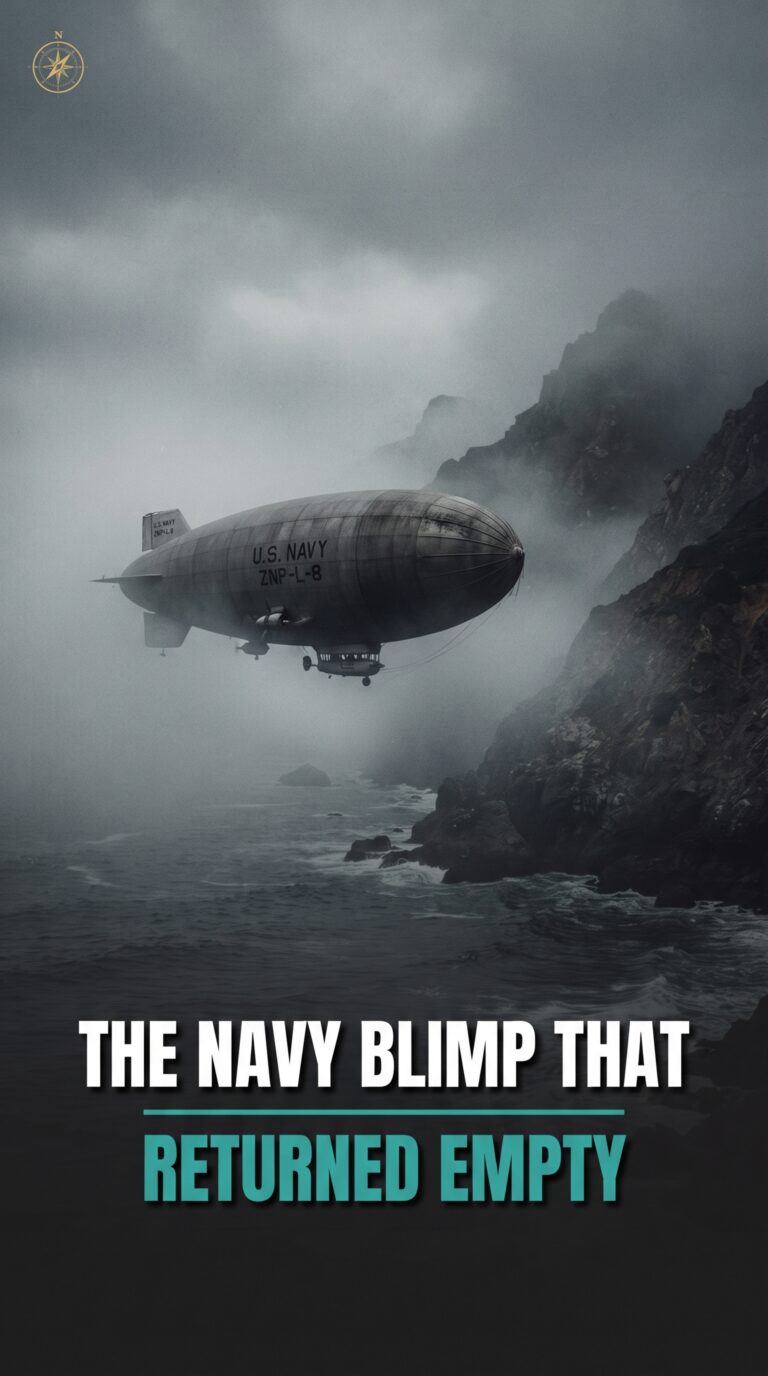 A 1940s US Navy blimp drifting through coastal California fog