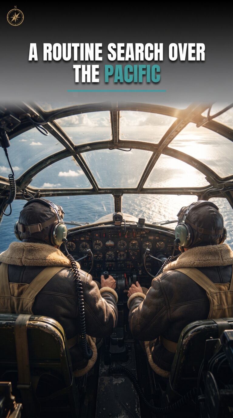 Two WW2 pilots inside a vintage blimp cockpit looking out over the Pacific Ocean