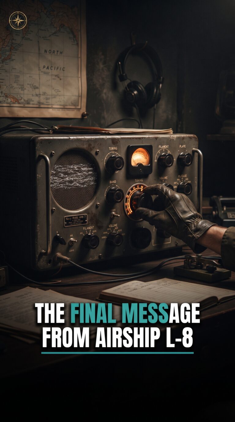 A glowing 1940s military radio console fading to static